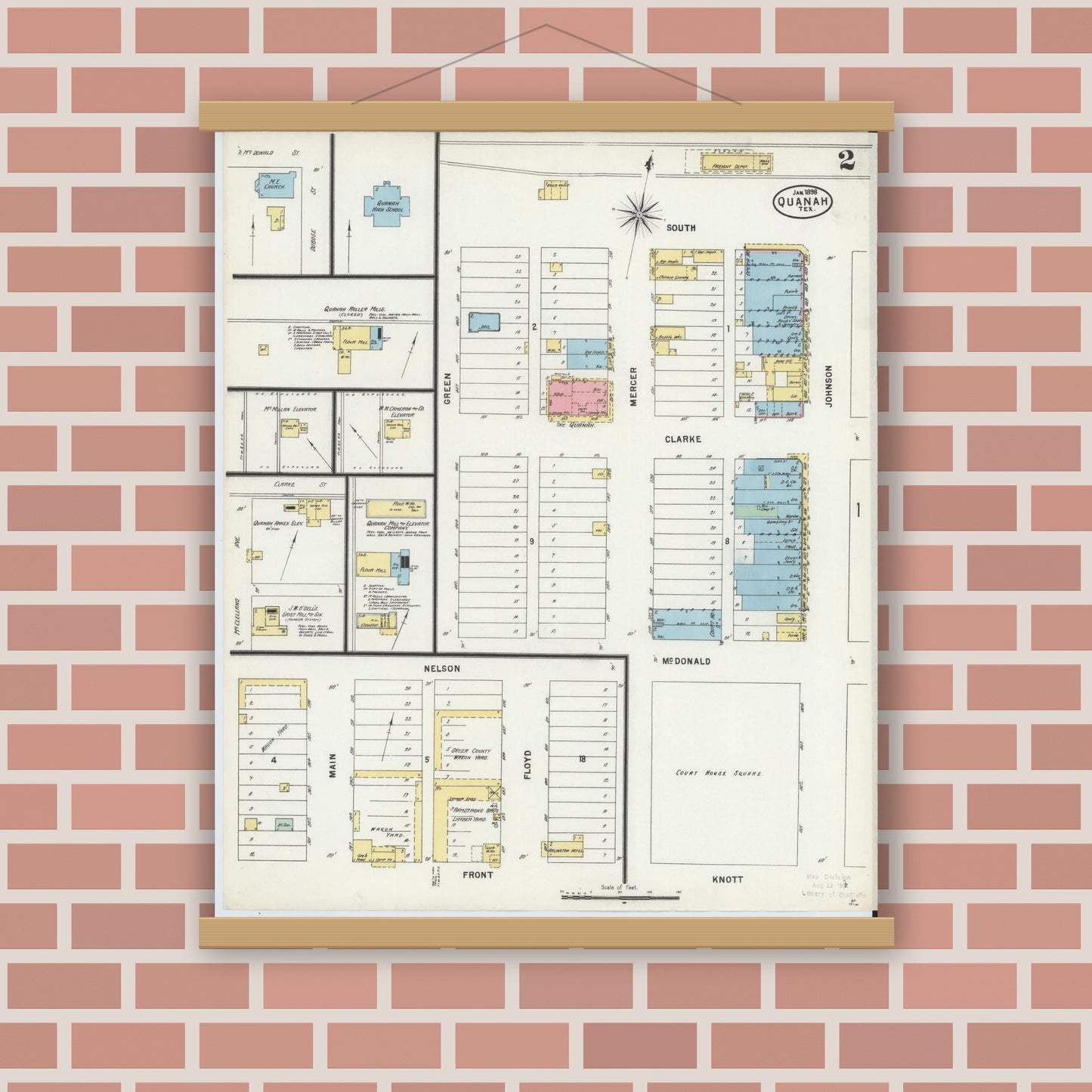 Old map wall art mockup — magnetic wood frame on brick wall — Sanborn Fire Insurance Map from Quanah, Hardeman County, Texas (1898), Sheet #0002