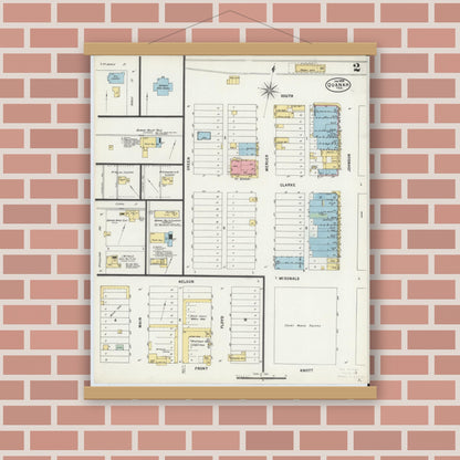 Old map wall art mockup — magnetic wood frame on brick wall — Sanborn Fire Insurance Map from Quanah, Hardeman County, Texas (1898), Sheet #0002