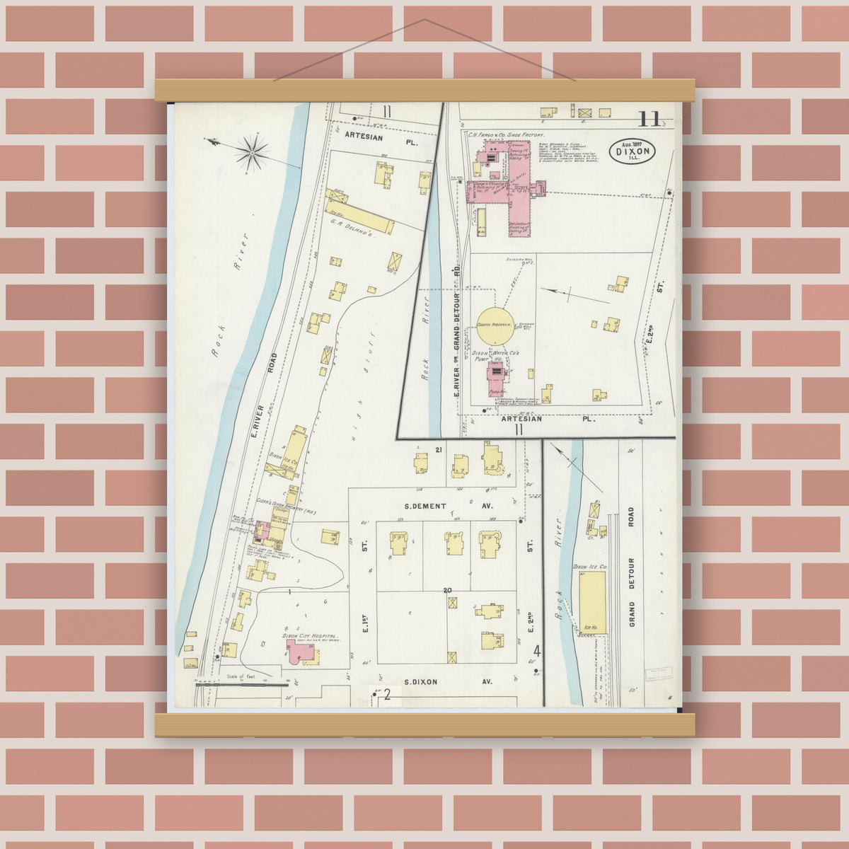 Old map wall art mockup — magnetic wood frame on brick wall — Sanborn Fire Insurance Map from Dixon, Lee County, Illinois (1897), Sheet #0011