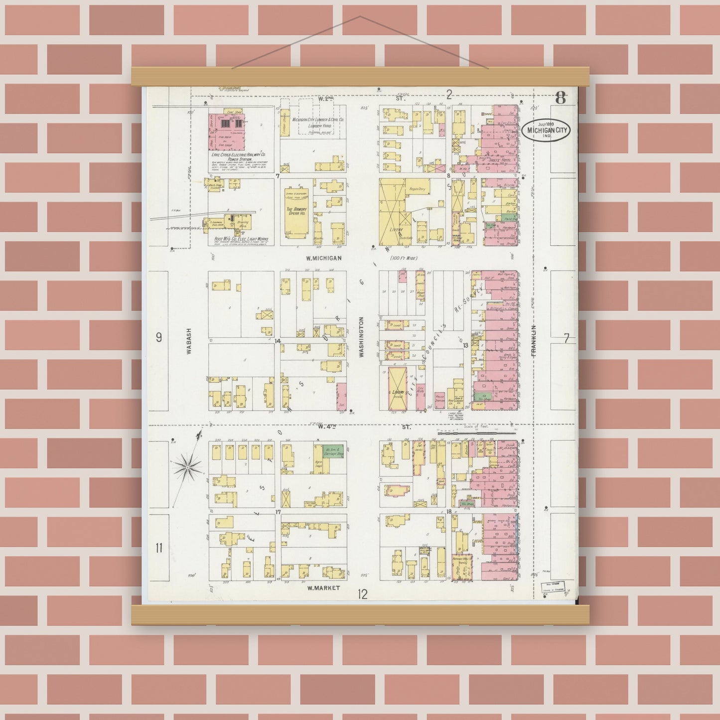 Old map wall art mockup — magnetic wood frame on brick wall — Sanborn Fire Insurance Map from Michigan City, La Porte County, Indiana (1899), Sheet #0008