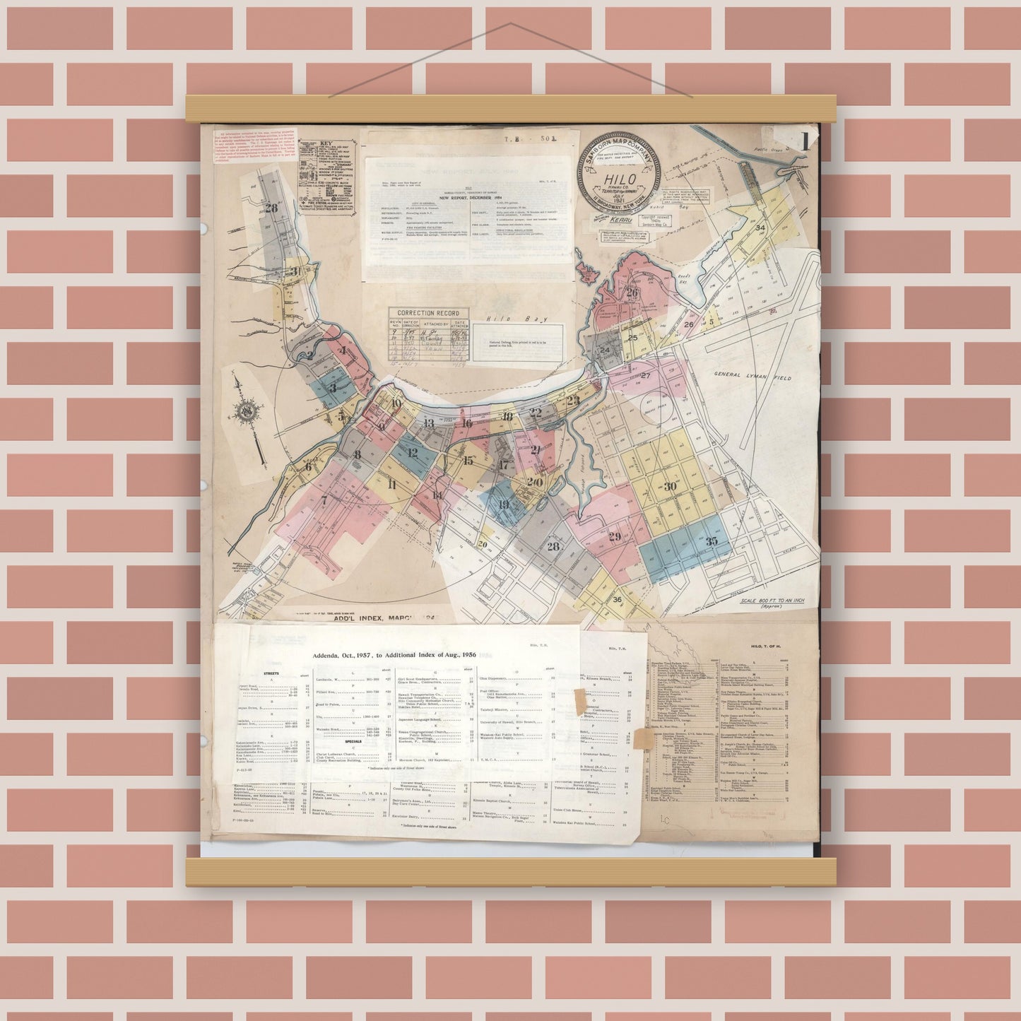 Old map wall art mockup — magnetic wood frame on brick wall — Sanborn Fire Insurance Map from Hilo, Hawaii County, Hawaii (1957), Sheet #0001