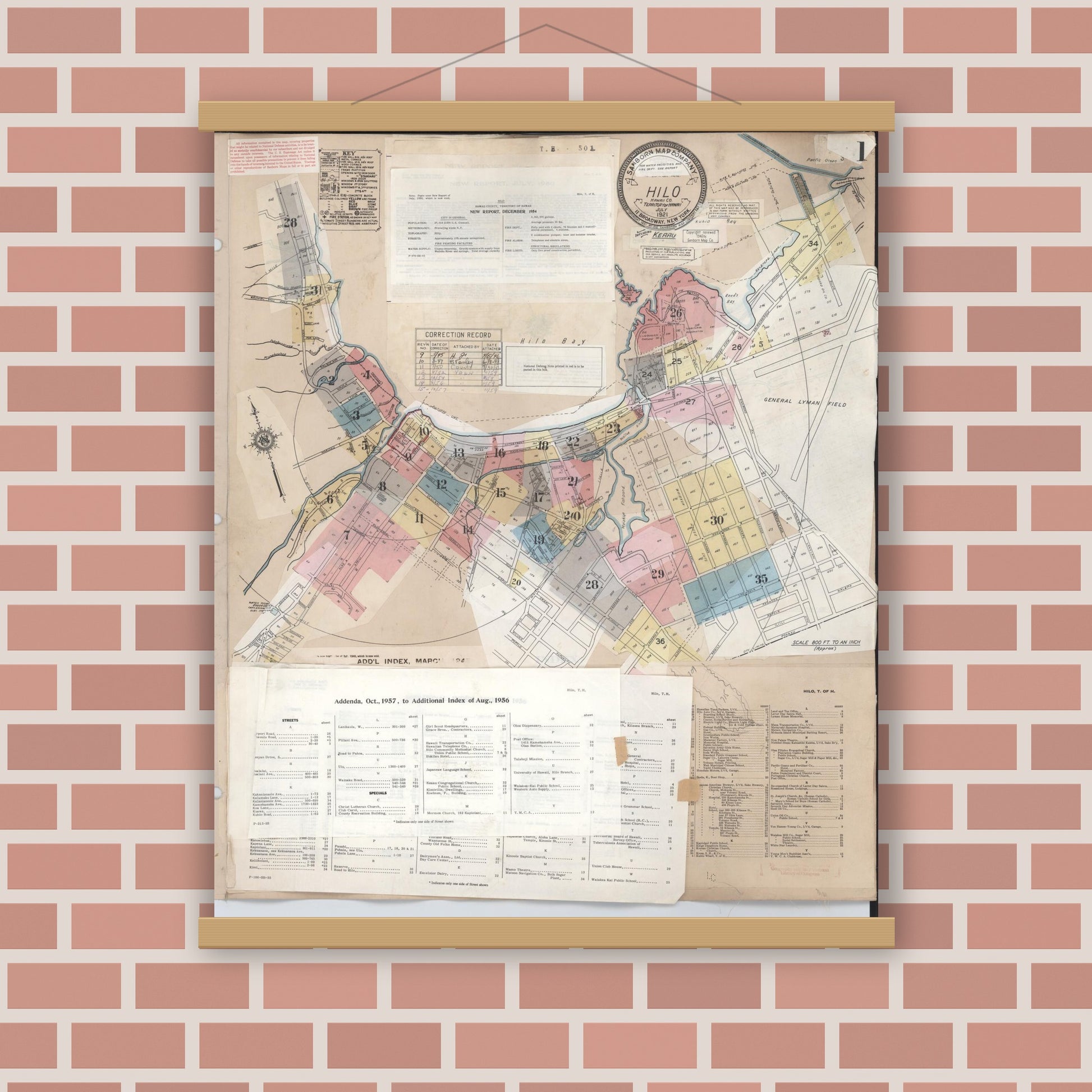 Old map wall art mockup — magnetic wood frame on brick wall — Sanborn Fire Insurance Map from Hilo, Hawaii County, Hawaii (1957), Sheet #0001