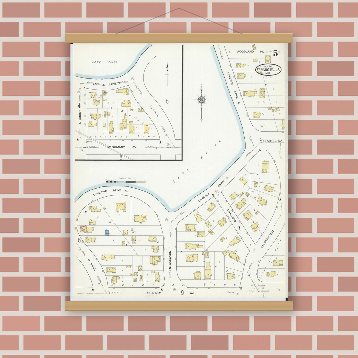 Old map wall art mockup — magnetic wood frame on brick wall — Sanborn Fire Insurance Map from Fergus Falls, Otter Tail County, Minnesota (1915), Sheet #0005