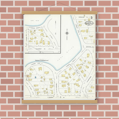 Old map wall art mockup — magnetic wood frame on brick wall — Sanborn Fire Insurance Map from Fergus Falls, Otter Tail County, Minnesota (1915), Sheet #0005