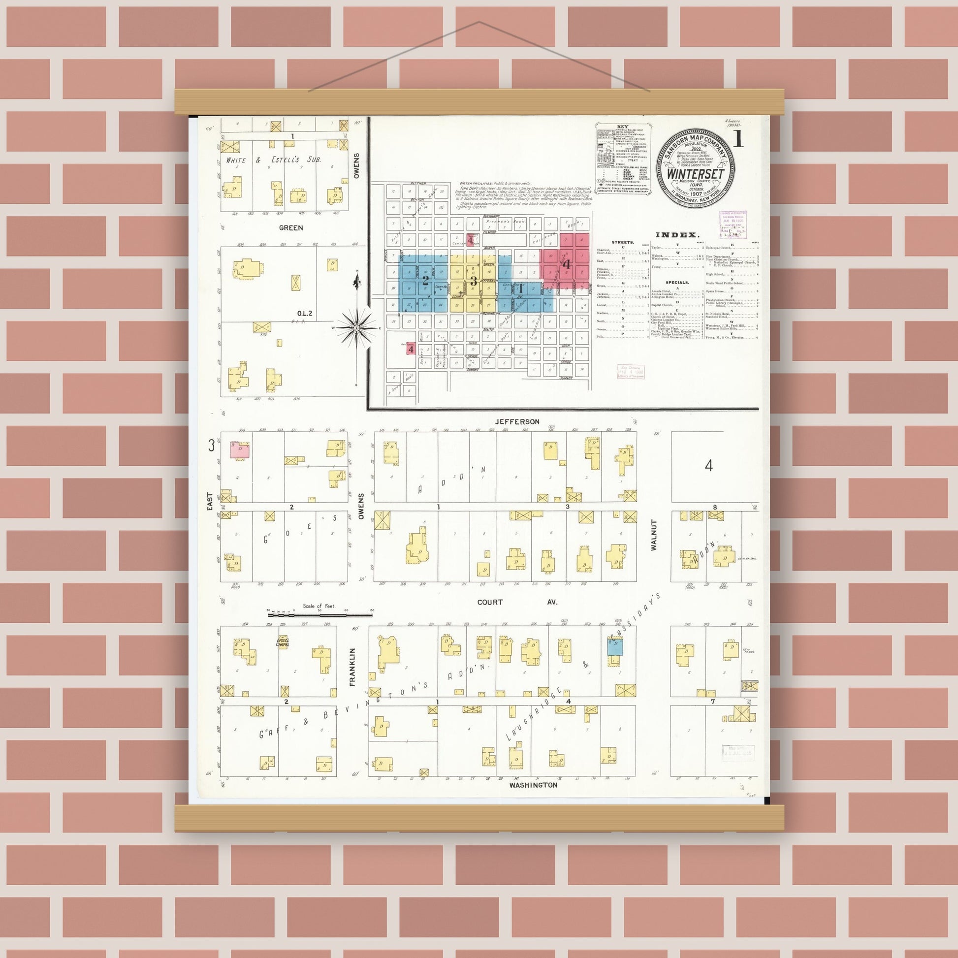 Old map wall art mockup — magnetic wood frame on brick wall — Sanborn Fire Insurance Map from Winterset, Madison County, Iowa (1907), Sheet #0001