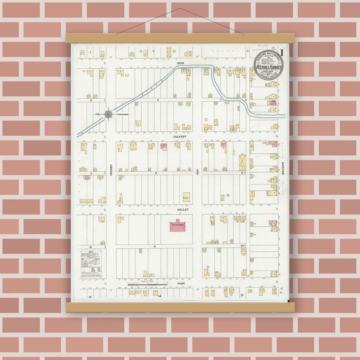 Old map wall art mockup — magnetic wood frame on brick wall — Sanborn Fire Insurance Map from Rockhill Furnace, Huntingdon County, Pennsylvania (1911) - Complete Map Set