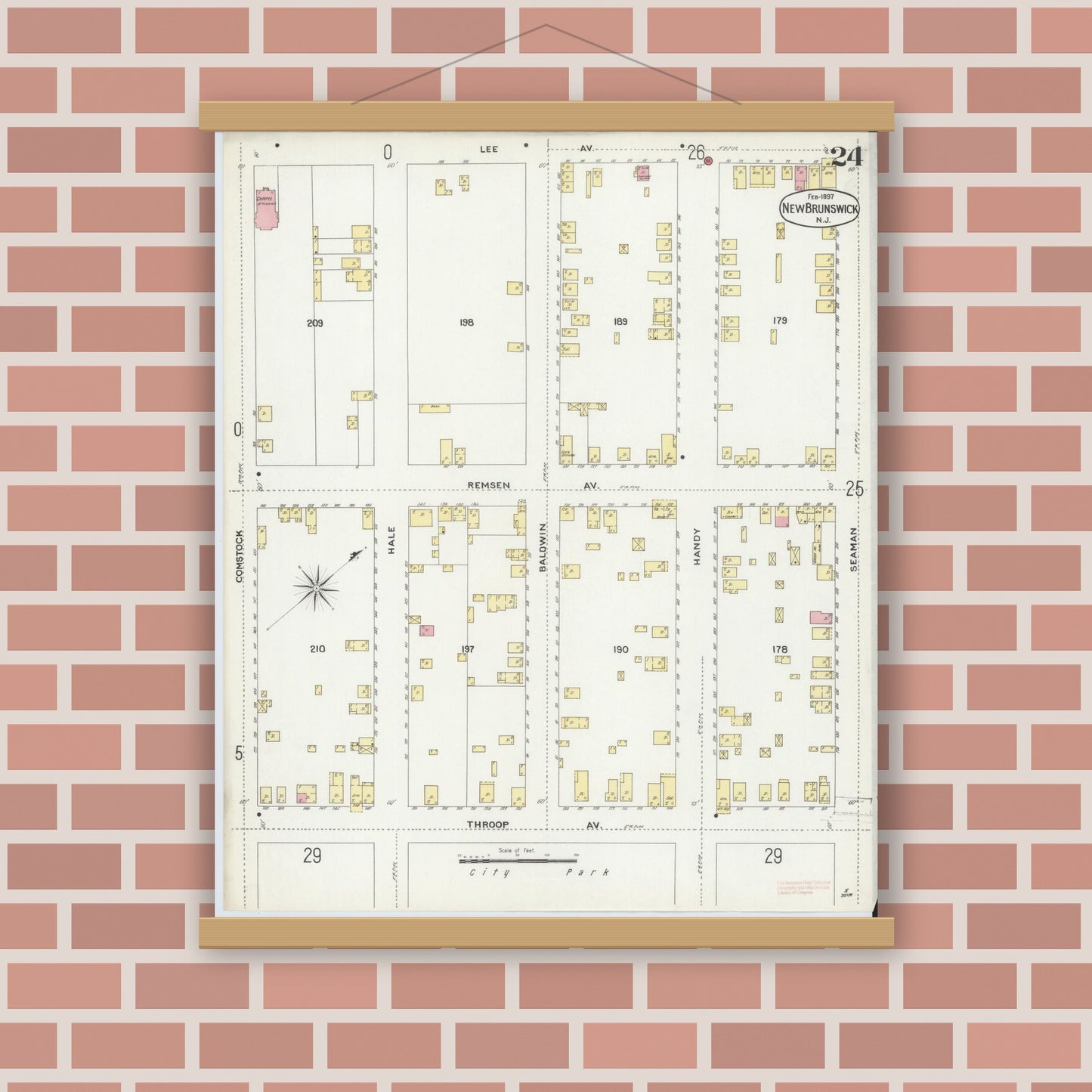 Old map wall art mockup — magnetic wood frame on brick wall — Sanborn Fire Insurance Map from New Brunswick, Middlesex County, New Jersey (1897), Sheet #0024