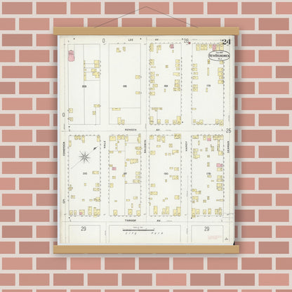 Old map wall art mockup — magnetic wood frame on brick wall — Sanborn Fire Insurance Map from New Brunswick, Middlesex County, New Jersey (1897), Sheet #0024