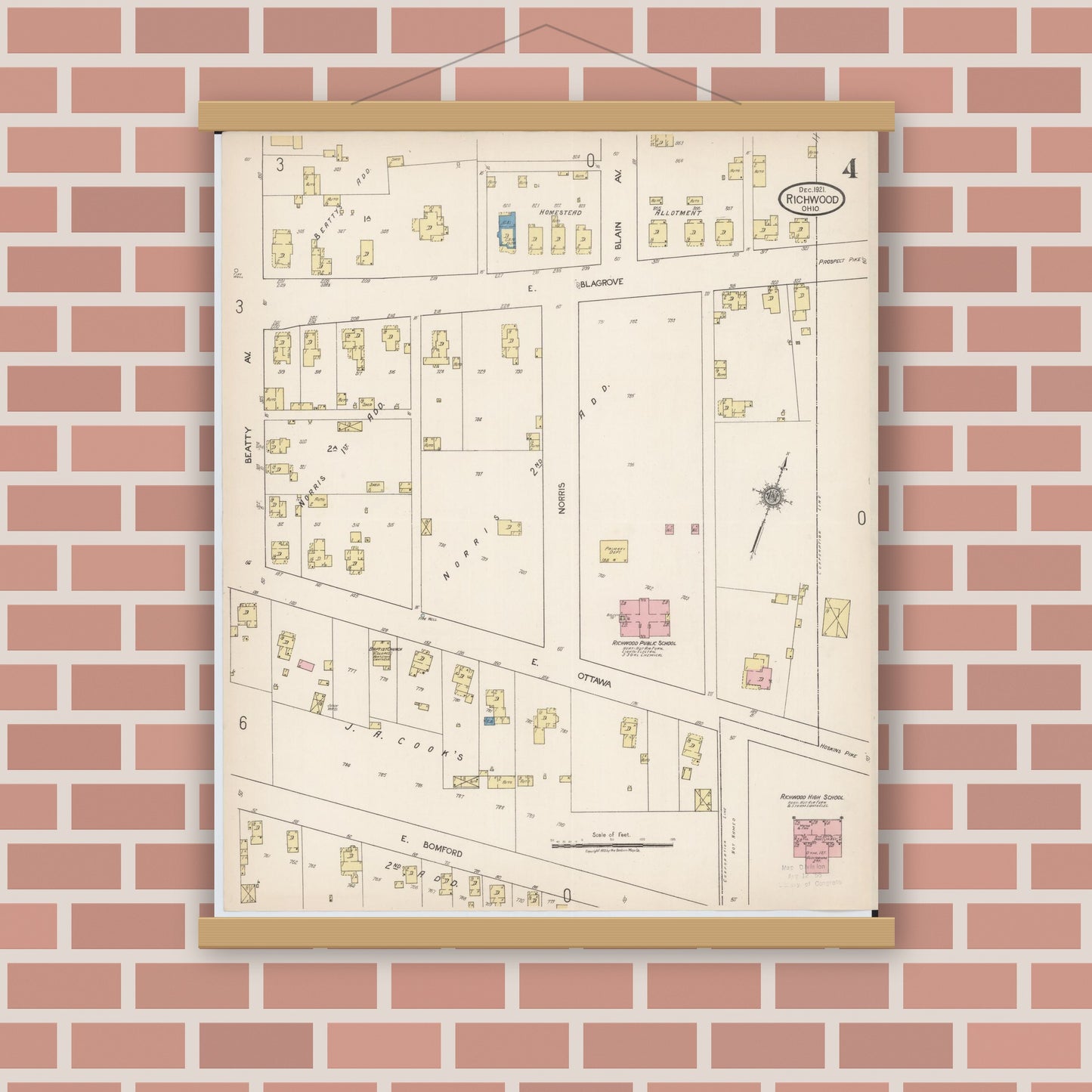 Old map wall art mockup — magnetic wood frame on brick wall — Sanborn Fire Insurance Map from Richwood, Union County, Ohio (1921), Sheet #0004