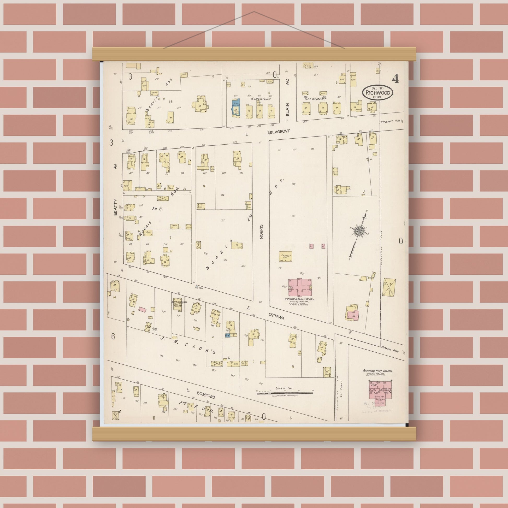 Old map wall art mockup — magnetic wood frame on brick wall — Sanborn Fire Insurance Map from Richwood, Union County, Ohio (1921), Sheet #0004