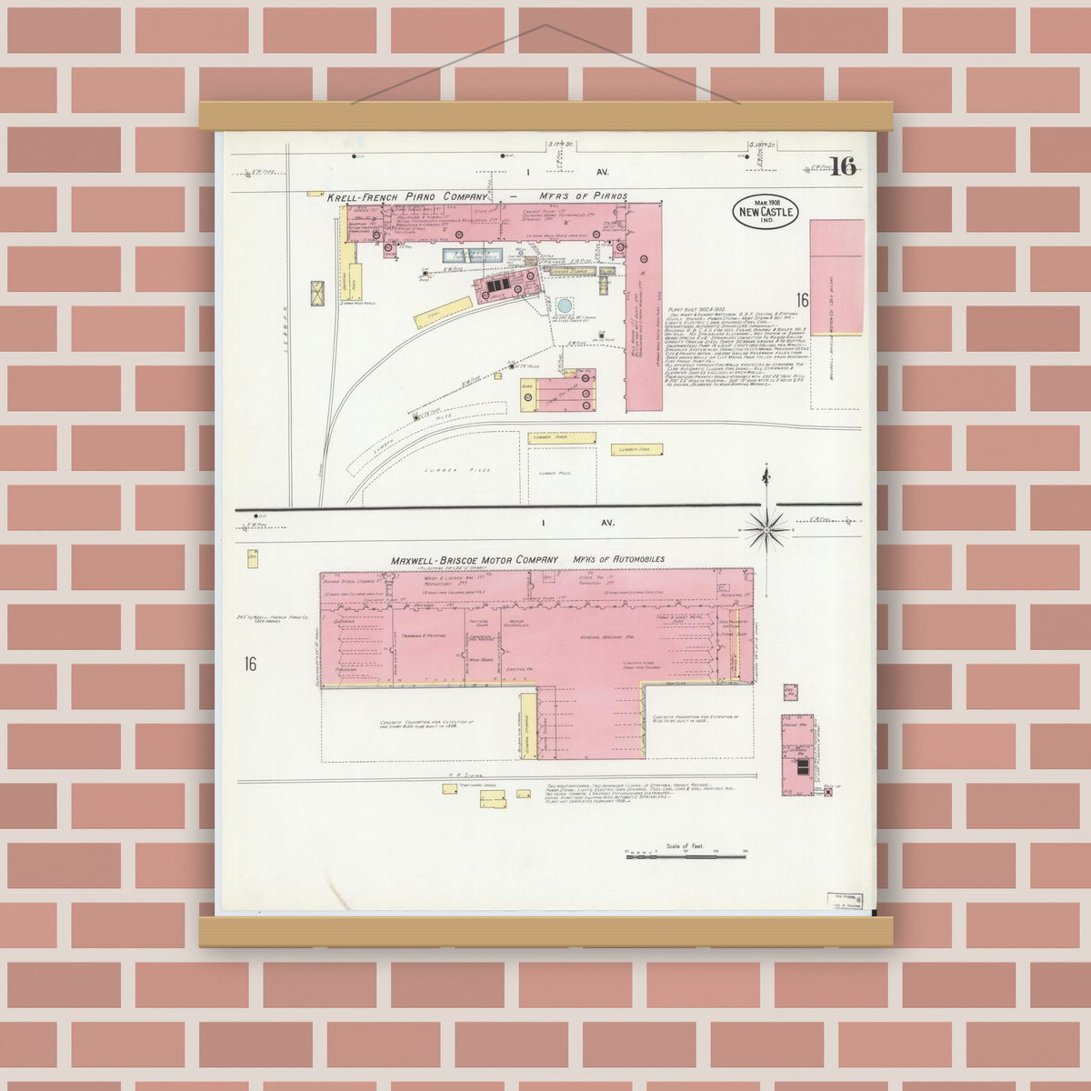 Old map wall art mockup — magnetic wood frame on brick wall — Sanborn Fire Insurance Map from New Castle, Henry County, Indiana (1908), Sheet #0016