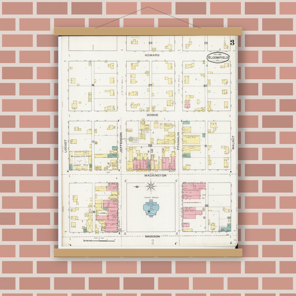 Old map wall art mockup — magnetic wood frame on brick wall — Sanborn Fire Insurance Map from Bloomfield, Davis County, Iowa (1893), Sheet #0003