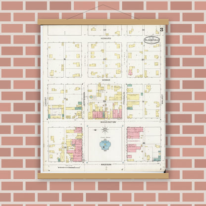 Old map wall art mockup — magnetic wood frame on brick wall — Sanborn Fire Insurance Map from Bloomfield, Davis County, Iowa (1893), Sheet #0003
