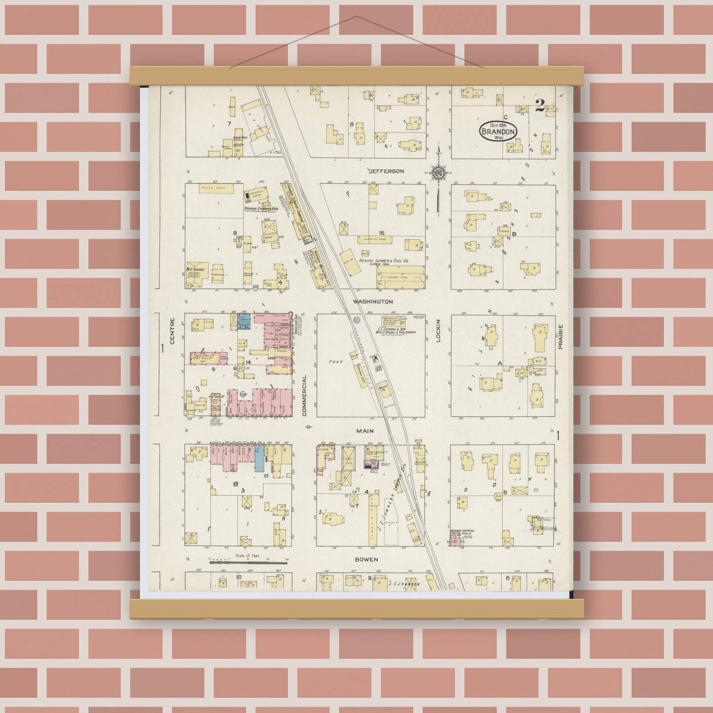 Old map wall art mockup — magnetic wood frame on brick wall — Sanborn Fire Insurance Map from Brandon, Fond du Lac County, Wisconsin (1914), Sheet #0002