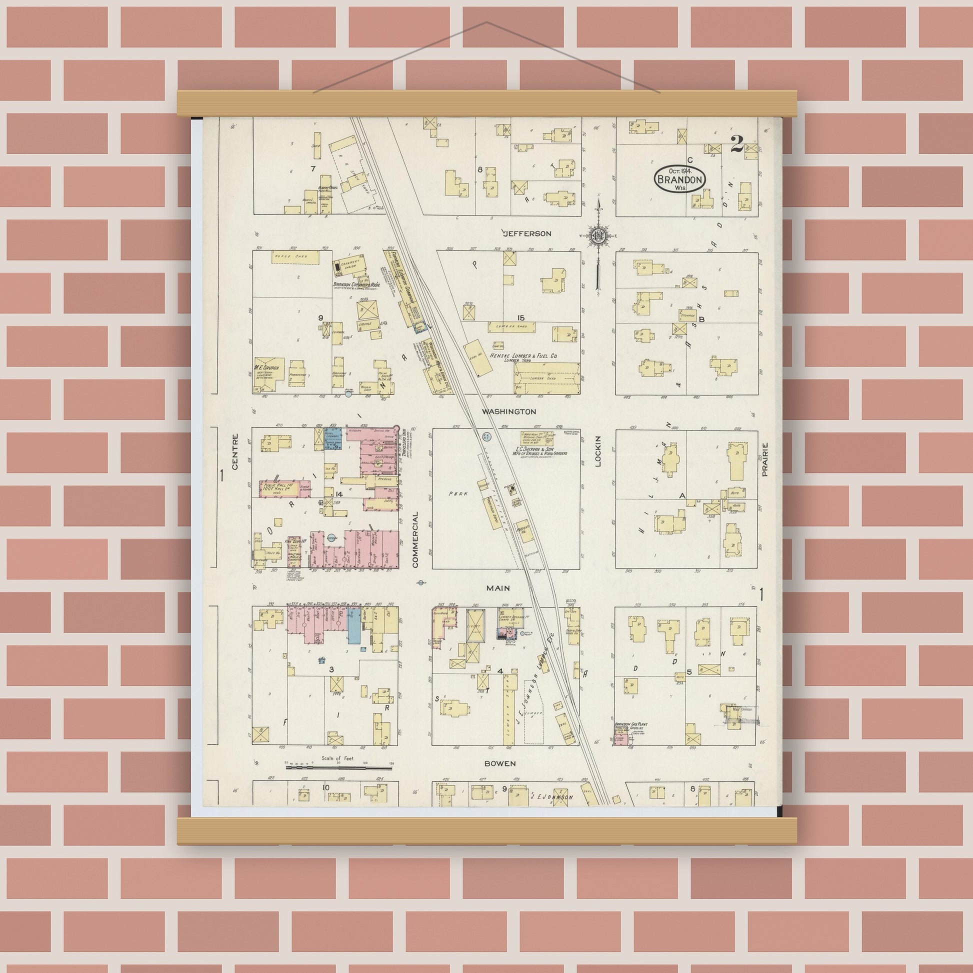 Old map wall art mockup — magnetic wood frame on brick wall — Sanborn Fire Insurance Map from Brandon, Fond du Lac County, Wisconsin (1914), Sheet #0002