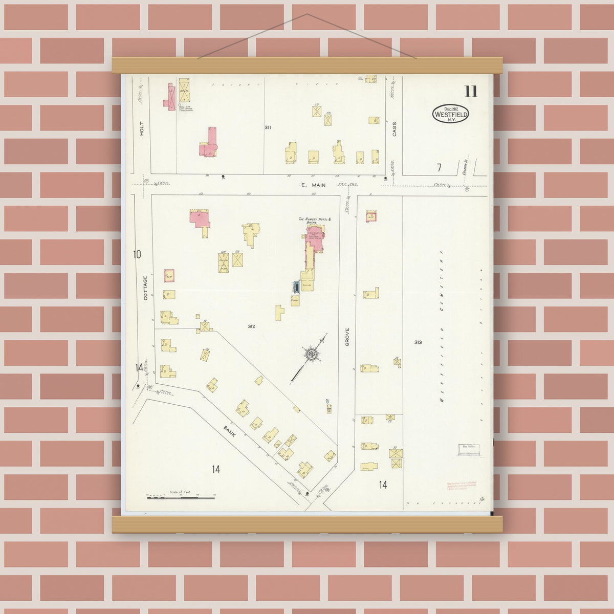 Old map wall art mockup — magnetic wood frame on brick wall — Sanborn Fire Insurance Map from Westfield, Chautauqua County, New York (1912), Sheet #0011