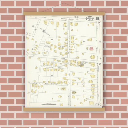 Old map wall art mockup — magnetic wood frame on brick wall — Sanborn Fire Insurance Map from Asheville, Buncombe County, North Carolina (1913), Sheet #0018