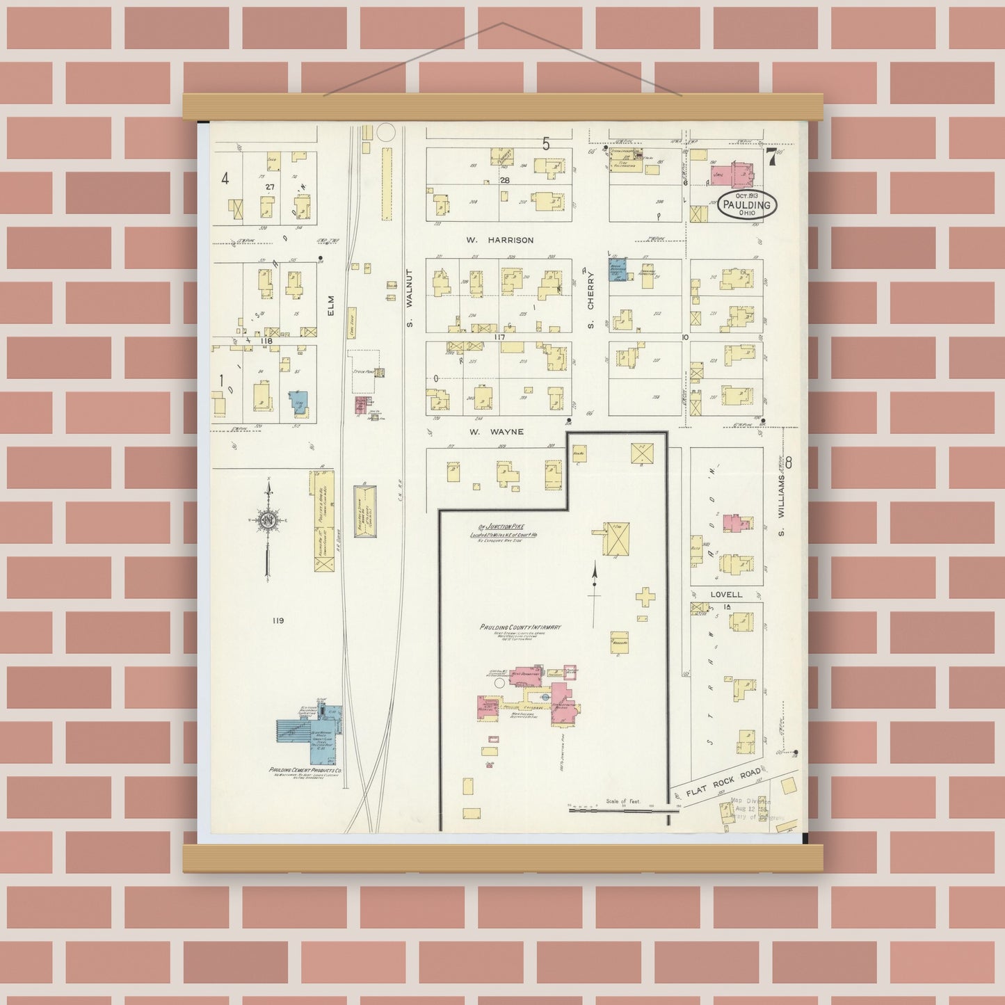 Old map wall art mockup — magnetic wood frame on brick wall — Sanborn Fire Insurance Map from Paulding, Paulding County, Ohio (1913), Sheet #0007