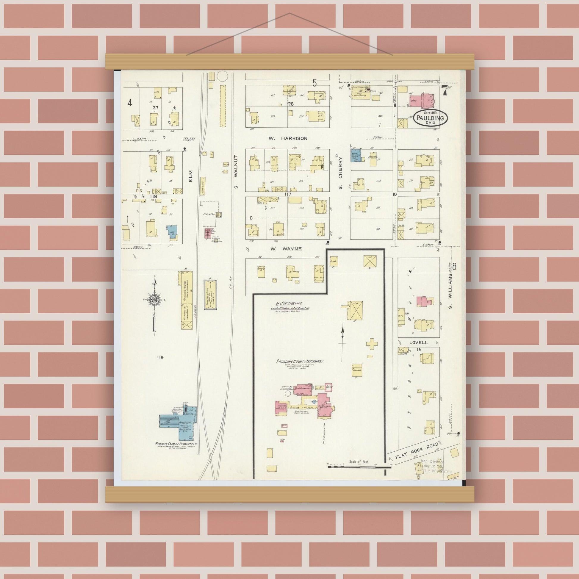 Old map wall art mockup — magnetic wood frame on brick wall — Sanborn Fire Insurance Map from Paulding, Paulding County, Ohio (1913), Sheet #0007