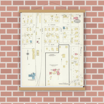 Old map wall art mockup — magnetic wood frame on brick wall — Sanborn Fire Insurance Map from Paulding, Paulding County, Ohio (1913), Sheet #0007