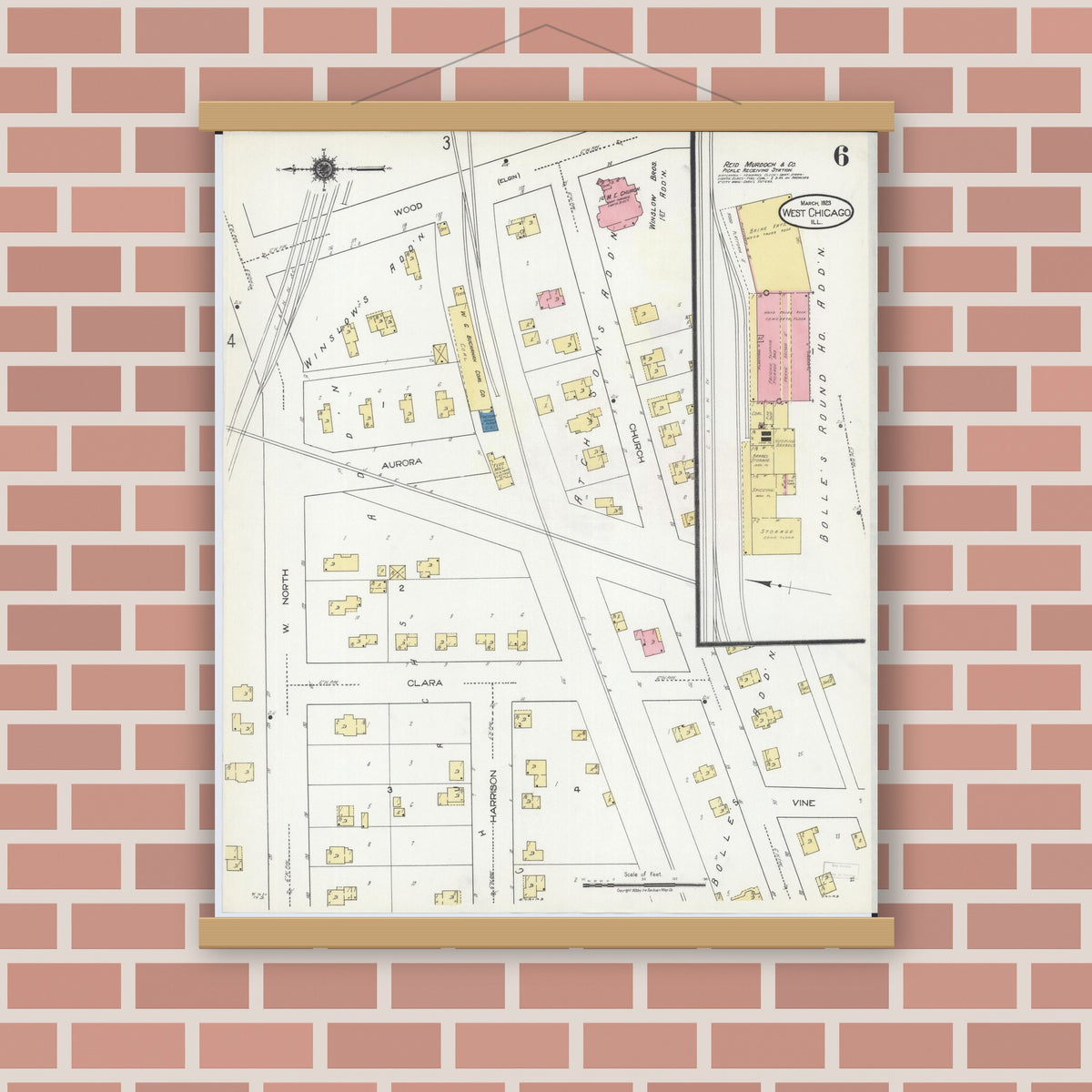 Old map wall art mockup — magnetic wood frame on brick wall — Sanborn Fire Insurance Map from West Chicago, Du Page County, Illinois (1923), Sheet #0006