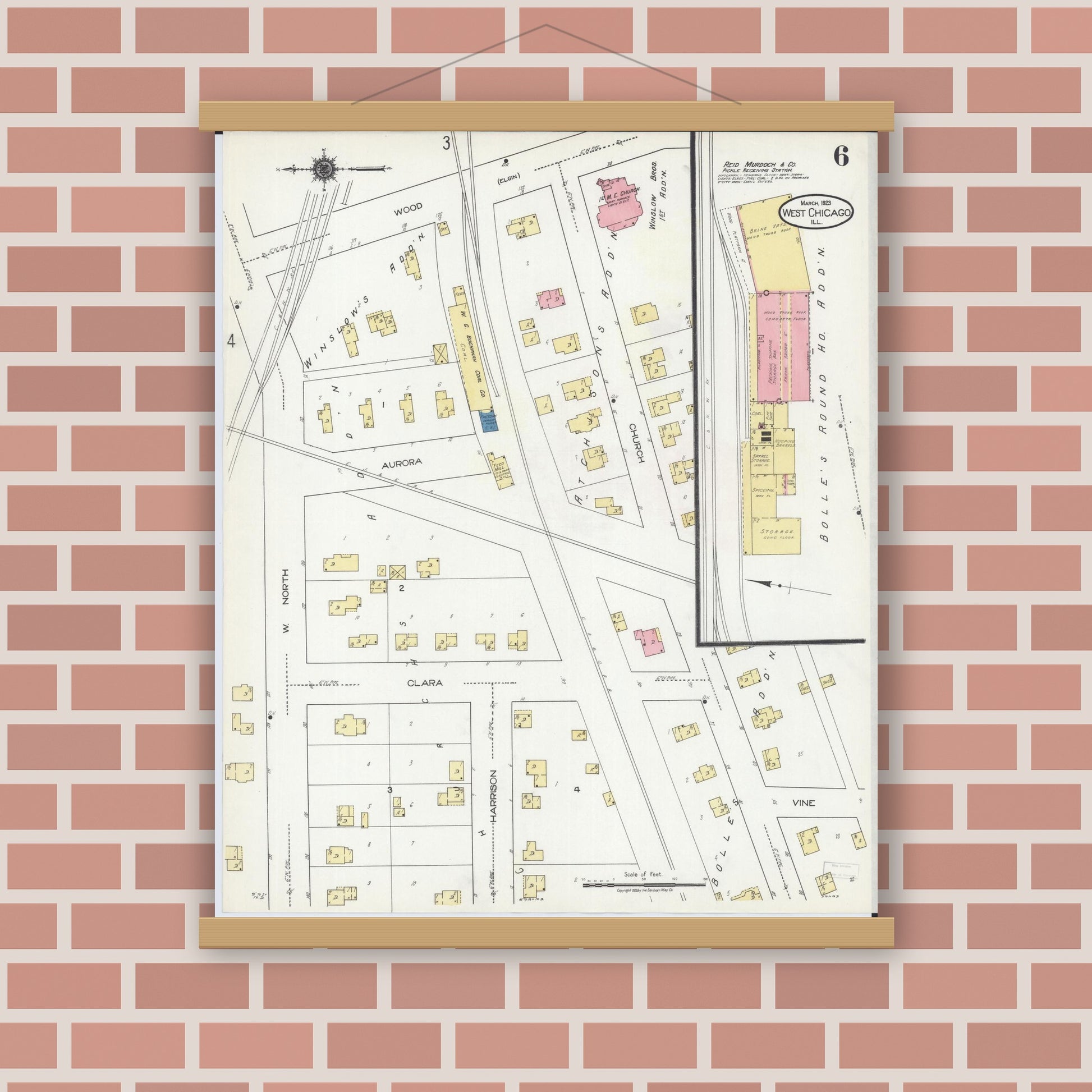Old map wall art mockup — magnetic wood frame on brick wall — Sanborn Fire Insurance Map from West Chicago, Du Page County, Illinois (1923), Sheet #0006