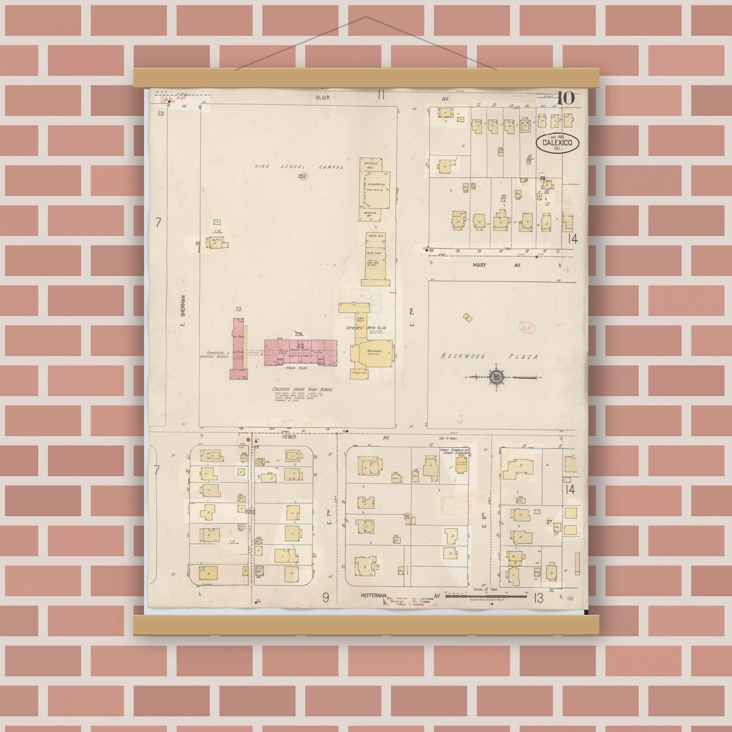 Old map wall art mockup — magnetic wood frame on brick wall — Sanborn Fire Insurance Map from Calexico, Imperial County, California (1949), Sheet #0010