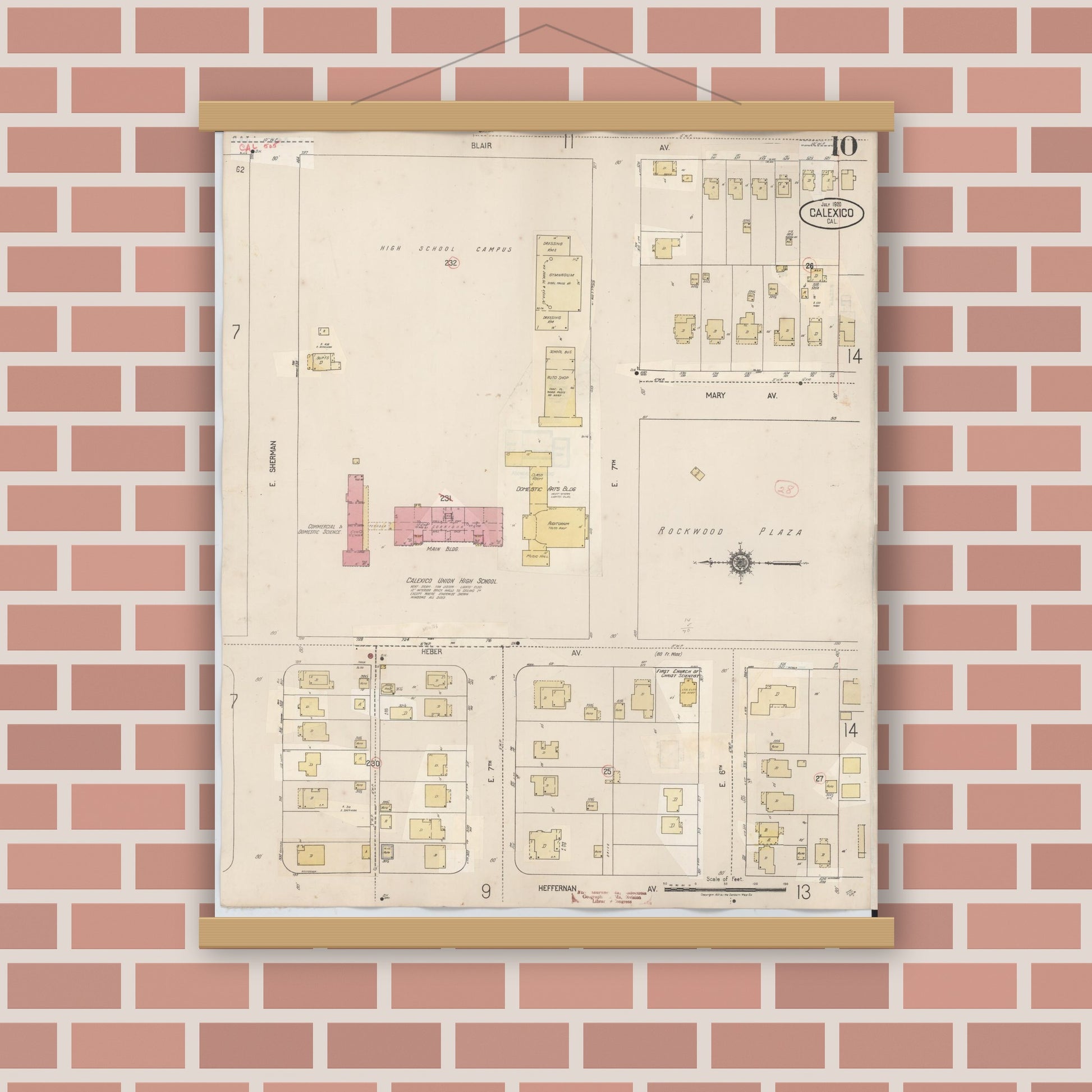 Old map wall art mockup — magnetic wood frame on brick wall — Sanborn Fire Insurance Map from Calexico, Imperial County, California (1949), Sheet #0010