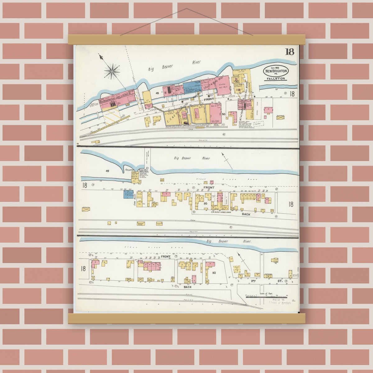 Old map wall art mockup — magnetic wood frame on brick wall — Sanborn Fire Insurance Map from New Brighton, Beaver County, Pennsylvania (1906), Sheet #0018