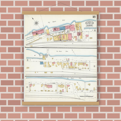 Old map wall art mockup — magnetic wood frame on brick wall — Sanborn Fire Insurance Map from New Brighton, Beaver County, Pennsylvania (1906), Sheet #0018
