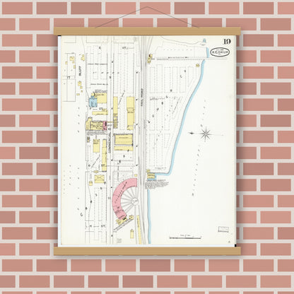 Old map wall art mockup — magnetic wood frame on brick wall — Sanborn Fire Insurance Map from Keokuk, Lee County, Iowa (1893), Sheet #0019