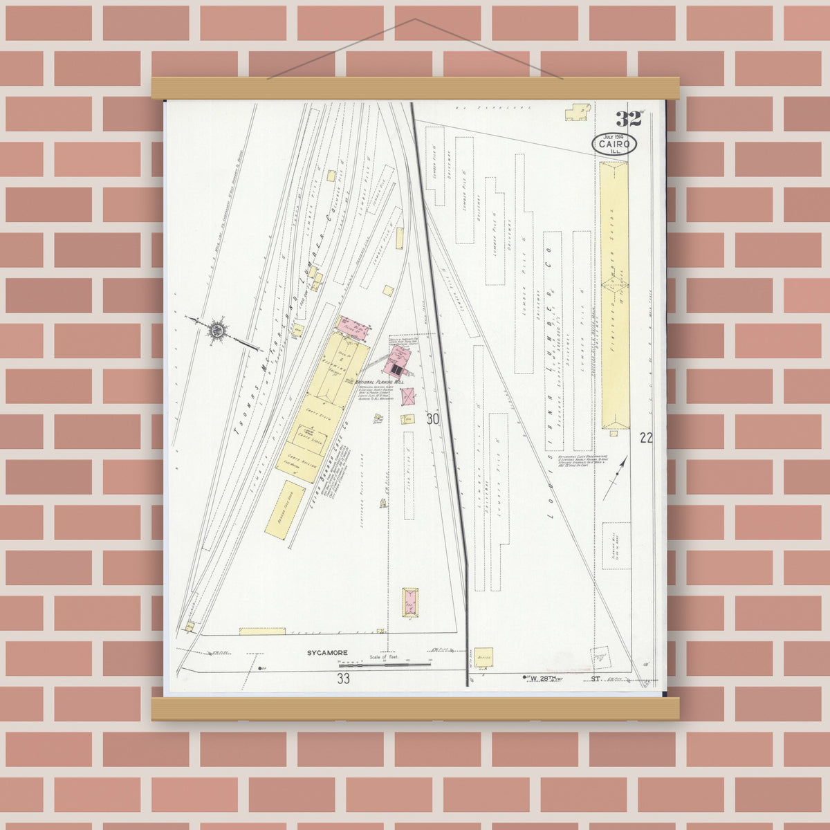 Old map wall art mockup — magnetic wood frame on brick wall — Sanborn Fire Insurance Map from Cairo, Alexander County, Illinois (1914), Sheet #0032