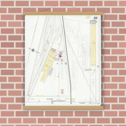 Old map wall art mockup — magnetic wood frame on brick wall — Sanborn Fire Insurance Map from Cairo, Alexander County, Illinois (1914), Sheet #0032