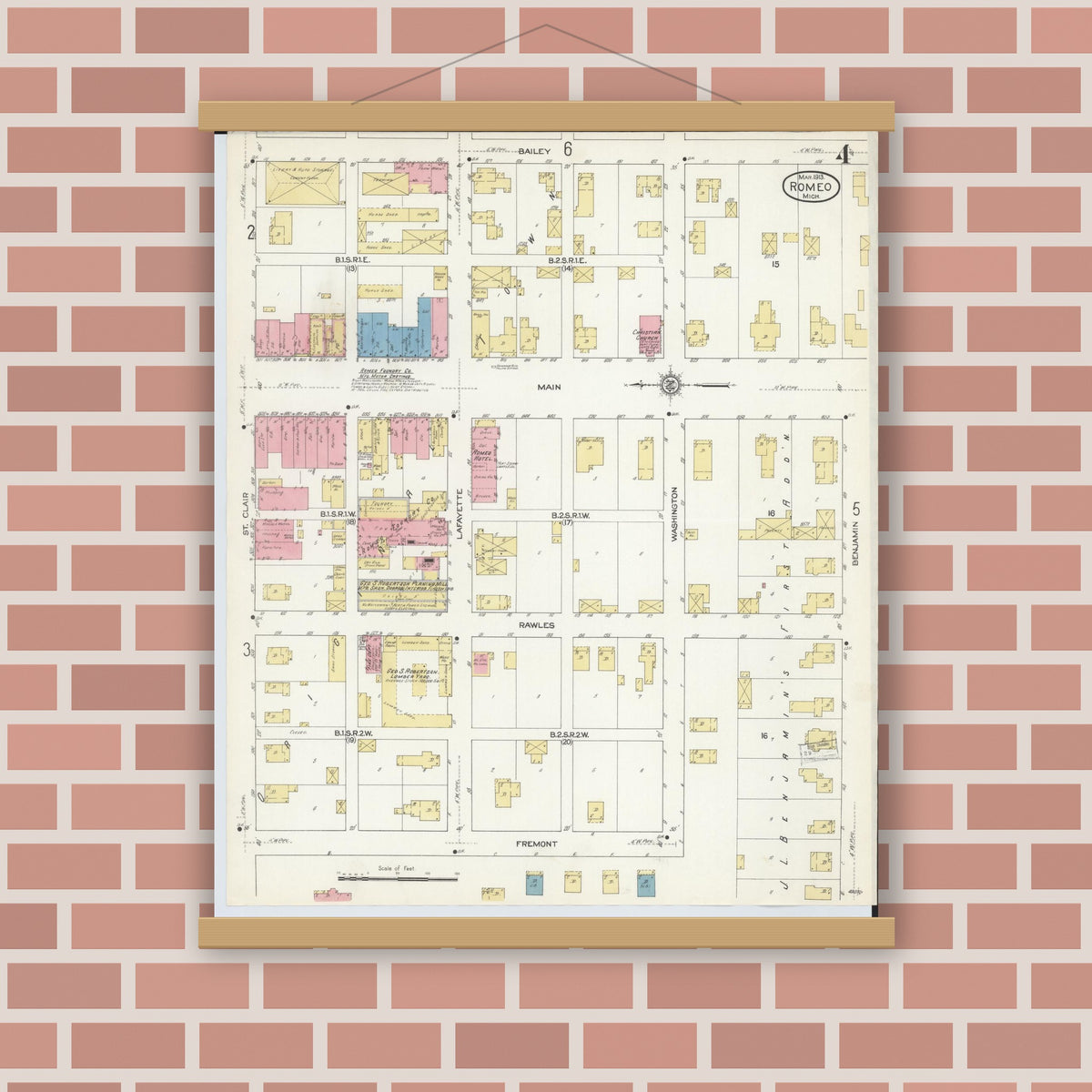 Old map wall art mockup — magnetic wood frame on brick wall — Sanborn Fire Insurance Map from Romeo, Macomb County, Michigan (1913), Sheet #0004
