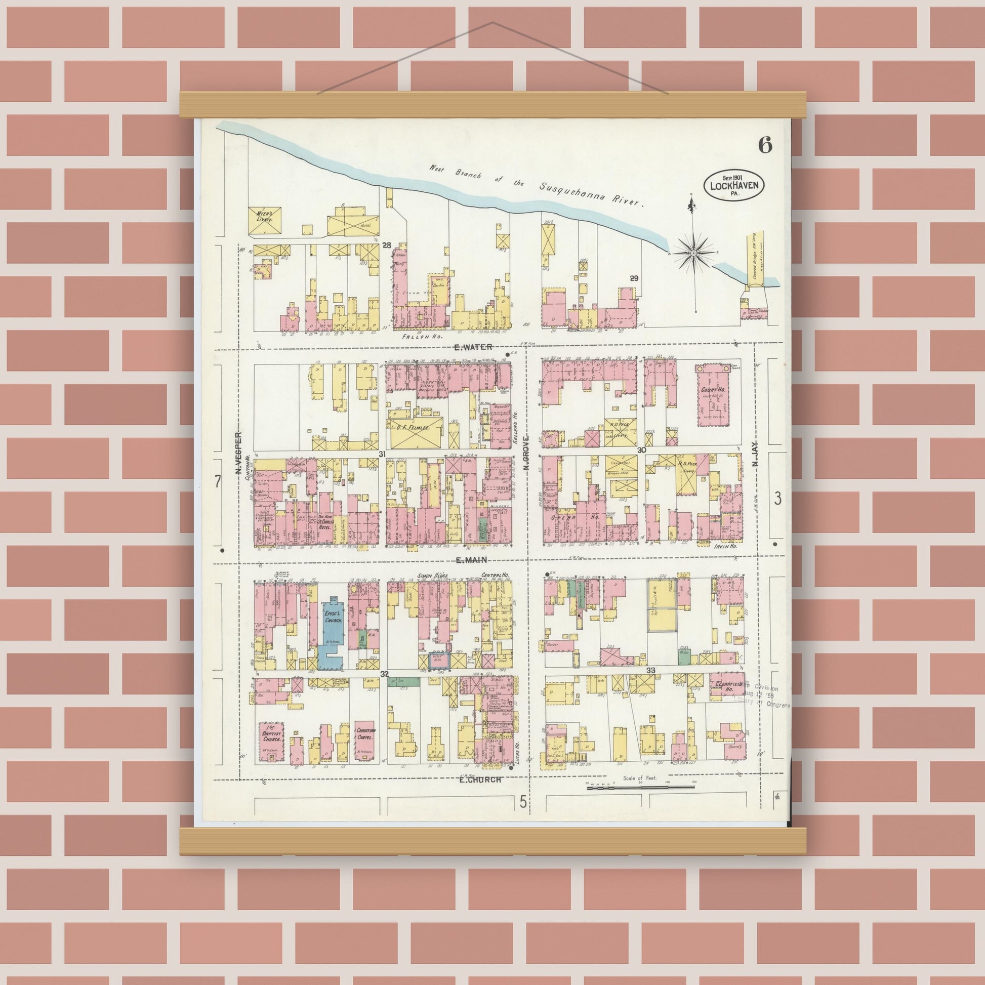 Old map wall art mockup — magnetic wood frame on brick wall — Sanborn Fire Insurance Map from Lock Haven, Clinton County, Pennsylvania (1901), Sheet #0006