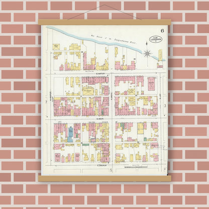 Old map wall art mockup — magnetic wood frame on brick wall — Sanborn Fire Insurance Map from Lock Haven, Clinton County, Pennsylvania (1901), Sheet #0006
