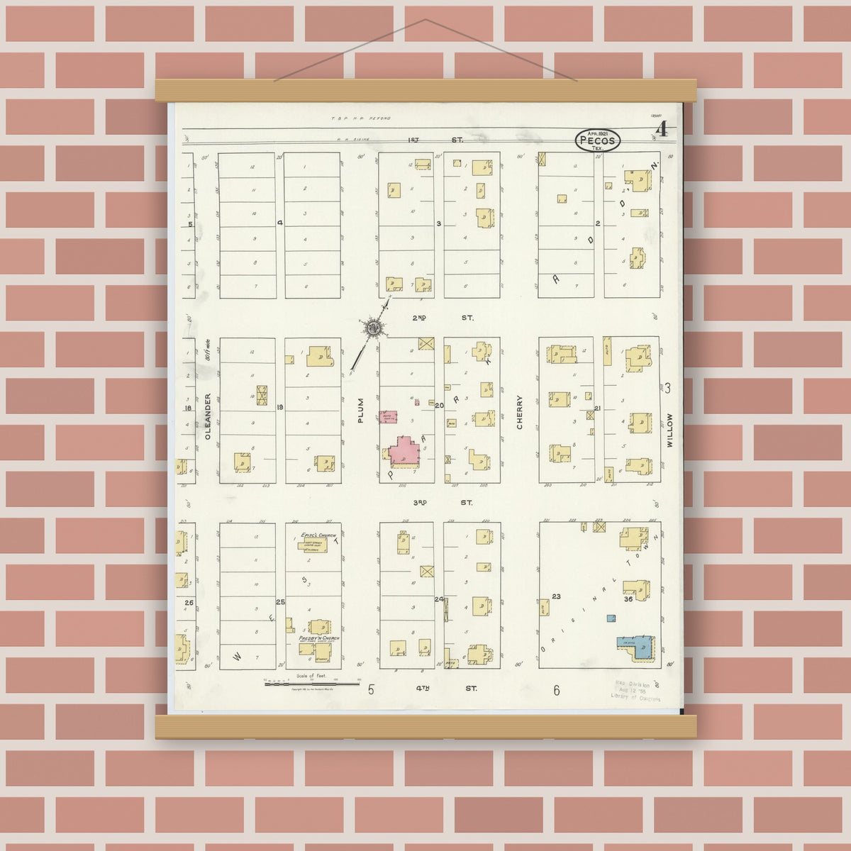Old map wall art mockup — magnetic wood frame on brick wall — Sanborn Fire Insurance Map from Pecos, Reeves County, Texas (1921), Sheet #0004