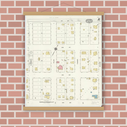 Old map wall art mockup — magnetic wood frame on brick wall — Sanborn Fire Insurance Map from Pecos, Reeves County, Texas (1921), Sheet #0004