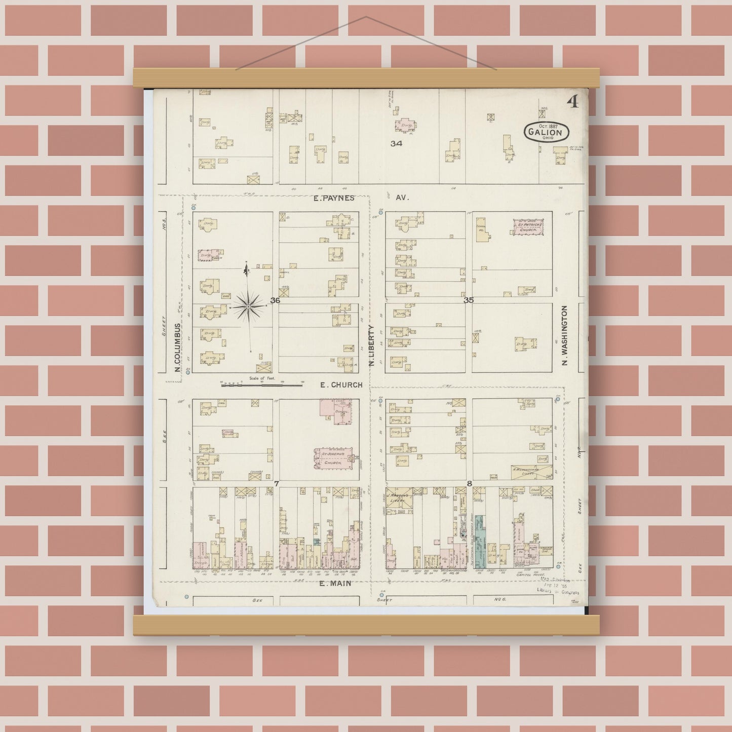Old map wall art mockup — magnetic wood frame on brick wall — Sanborn Fire Insurance Map from Galion, Crawford County, Ohio (1887), Sheet #0004