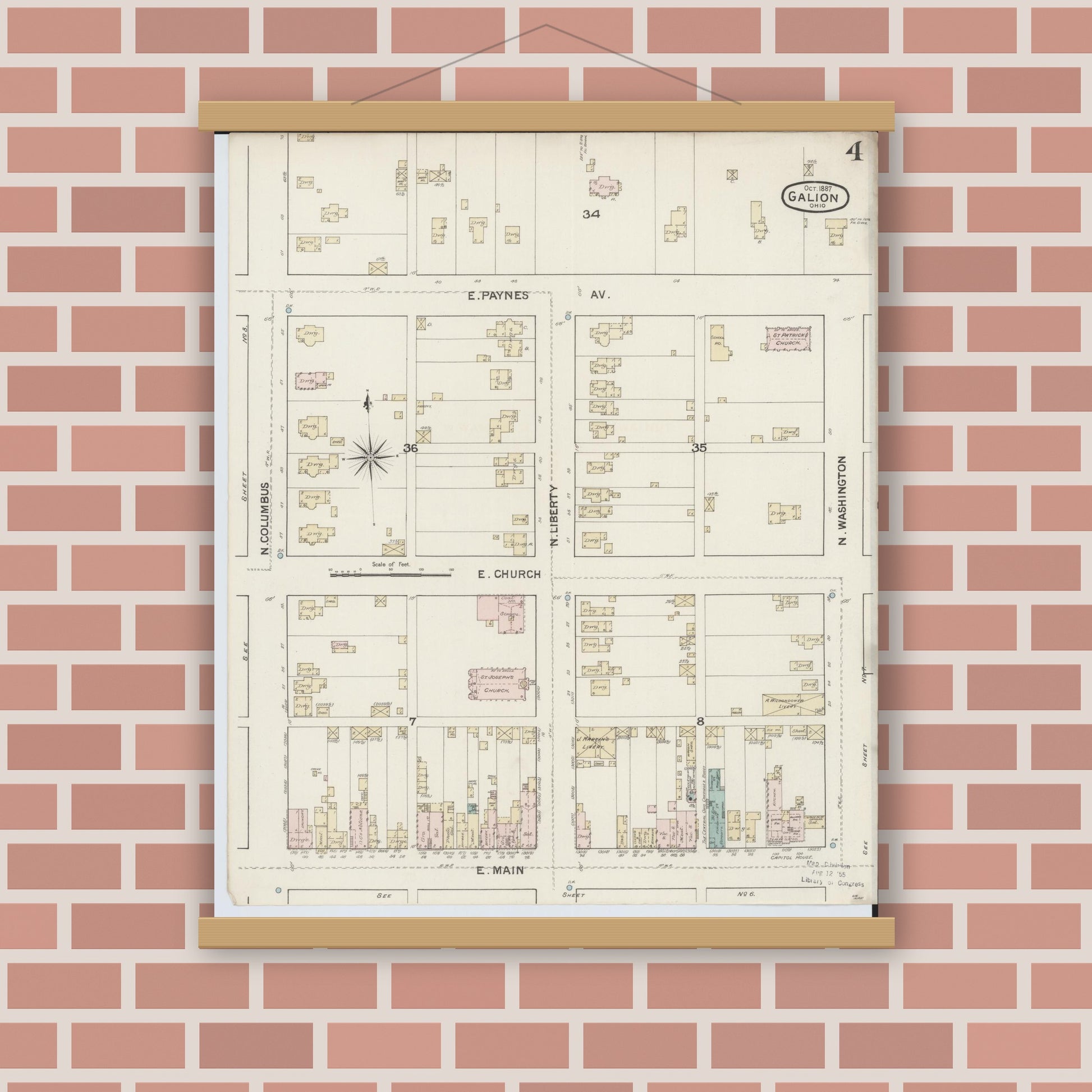 Old map wall art mockup — magnetic wood frame on brick wall — Sanborn Fire Insurance Map from Galion, Crawford County, Ohio (1887), Sheet #0004