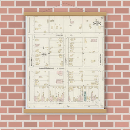 Old map wall art mockup — magnetic wood frame on brick wall — Sanborn Fire Insurance Map from Galion, Crawford County, Ohio (1887), Sheet #0004