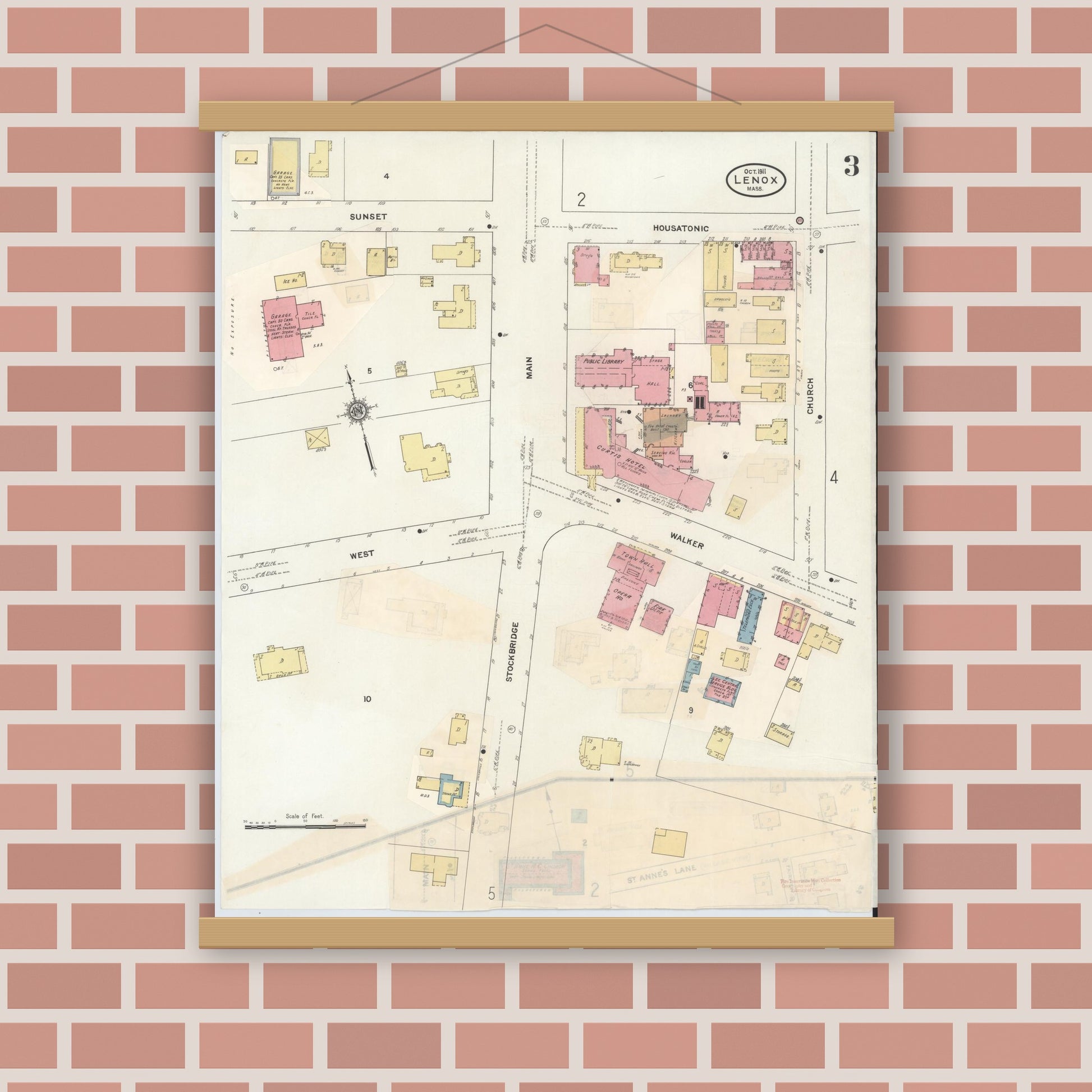 Old map wall art mockup — magnetic wood frame on brick wall — Sanborn Fire Insurance Map from Lenox, Berkshire County, Massachusetts (1939), Sheet #0003