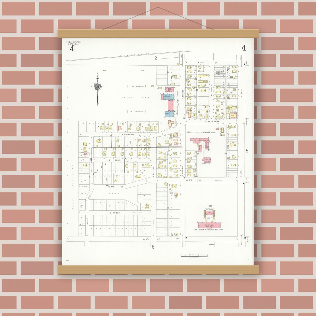 Old map wall art mockup — magnetic wood frame on brick wall — Sanborn Fire Insurance Map from Pasadena, Harris County, Texas (1940), Sheet #0004