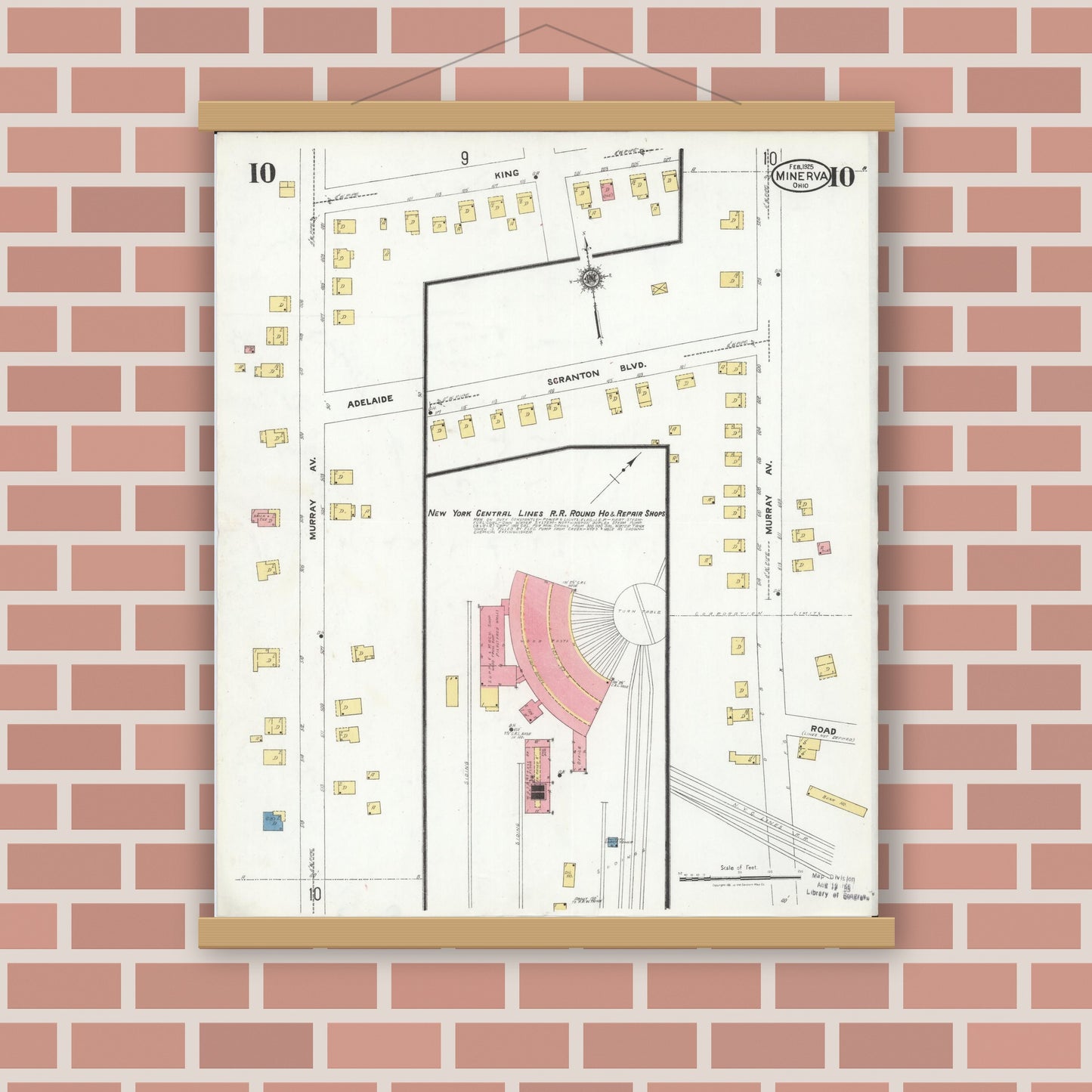 Old map wall art mockup — magnetic wood frame on brick wall — Sanborn Fire Insurance Map from Minerva, Stark And Carroll Counties, Ohio (1925), Sheet #0010