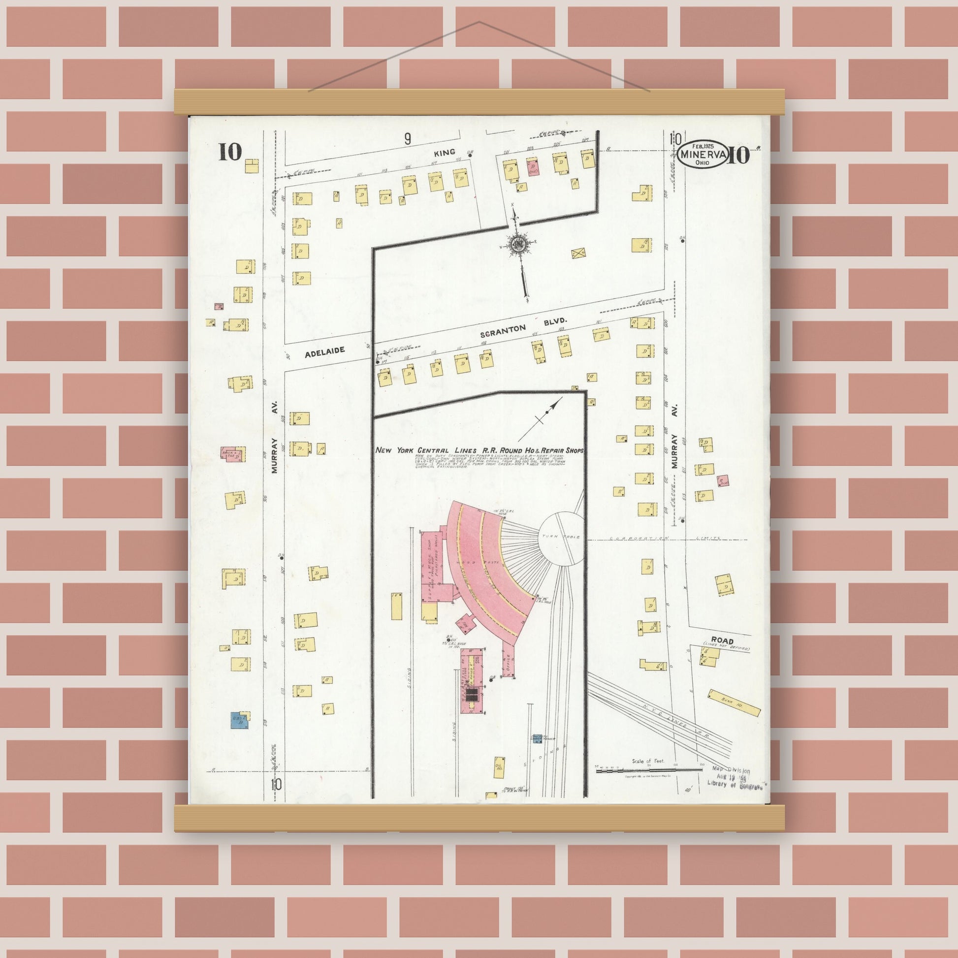 Old map wall art mockup — magnetic wood frame on brick wall — Sanborn Fire Insurance Map from Minerva, Stark And Carroll Counties, Ohio (1925), Sheet #0010