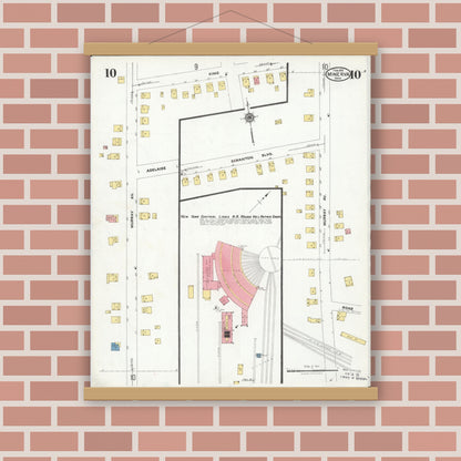 Old map wall art mockup — magnetic wood frame on brick wall — Sanborn Fire Insurance Map from Minerva, Stark And Carroll Counties, Ohio (1925), Sheet #0010