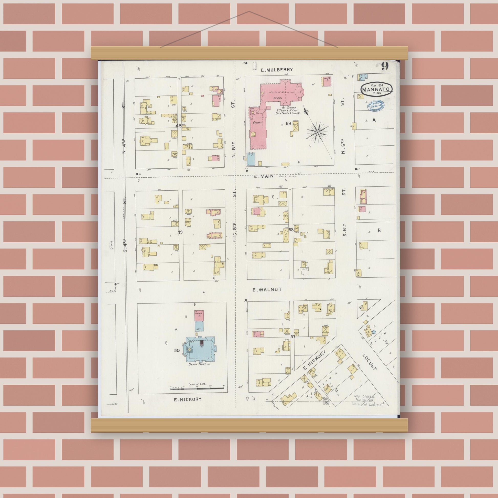 Old map wall art mockup — magnetic wood frame on brick wall — Sanborn Fire Insurance Map from Mankato, Blue Earth County, Minnesota (1894), Sheet #0009