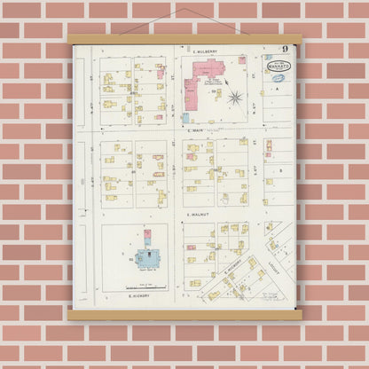 Old map wall art mockup — magnetic wood frame on brick wall — Sanborn Fire Insurance Map from Mankato, Blue Earth County, Minnesota (1894), Sheet #0009