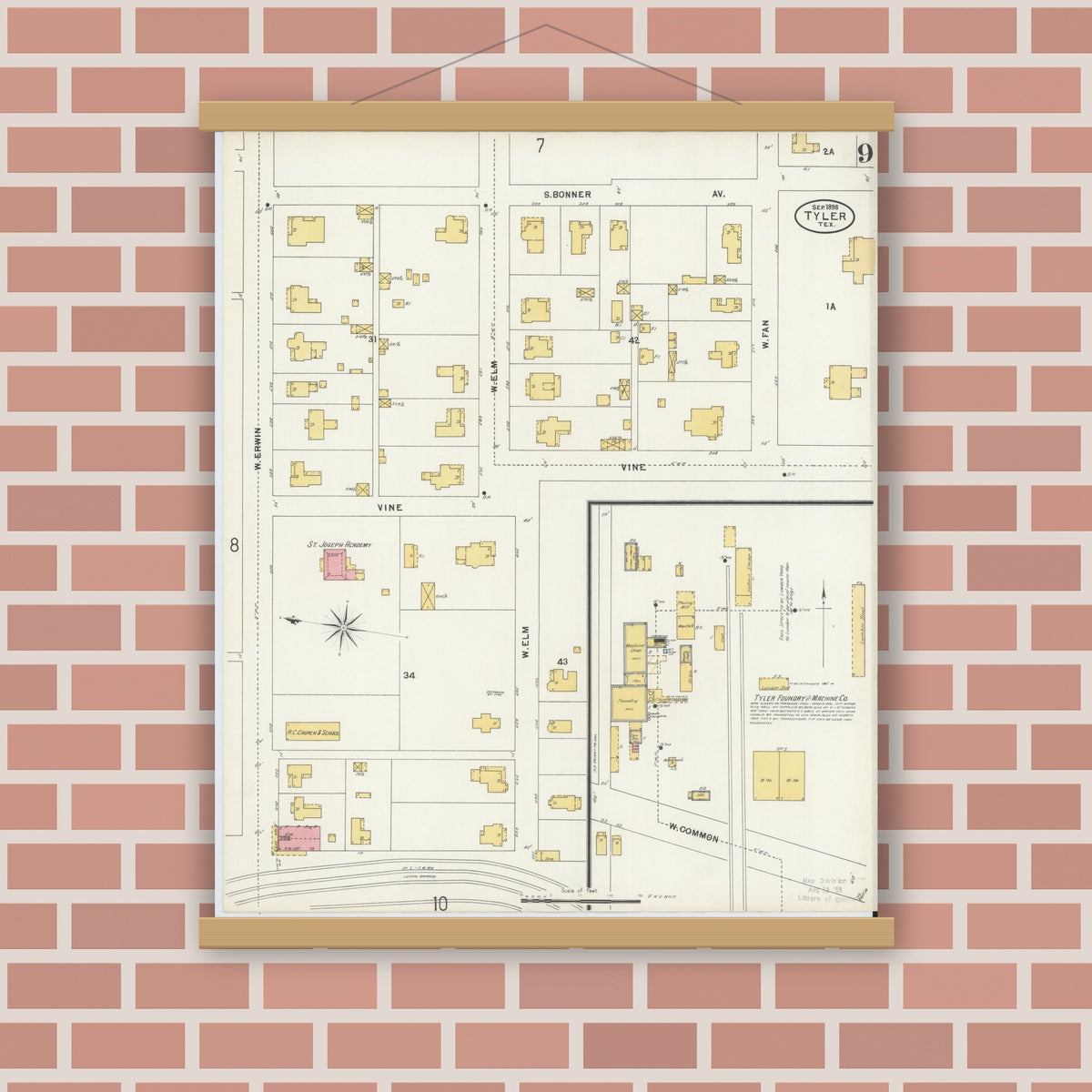Old map wall art mockup — magnetic wood frame on brick wall — Sanborn Fire Insurance Map from Tyler, Smith County, Texas (1898), Sheet #0009