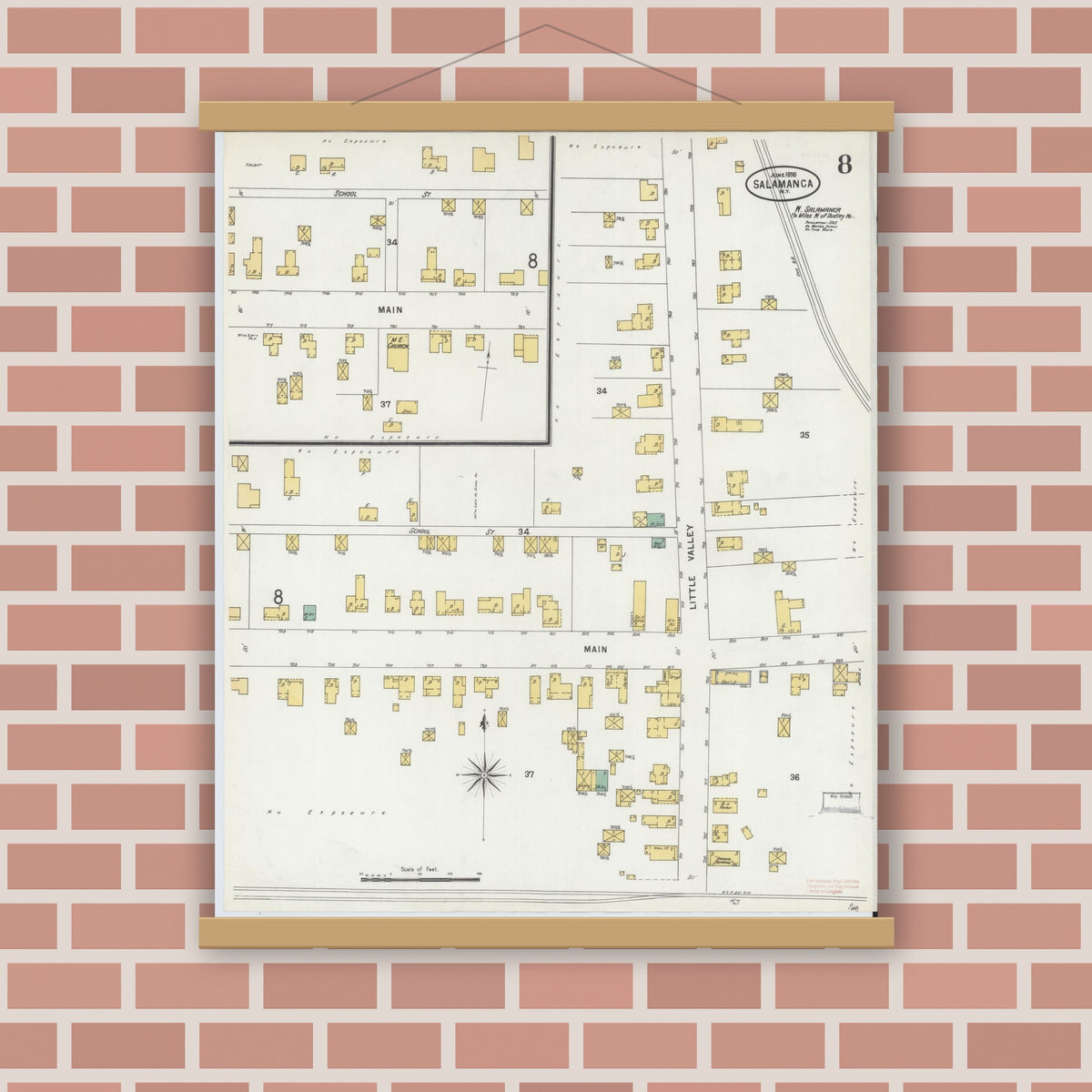 Old map wall art mockup — magnetic wood frame on brick wall — Sanborn Fire Insurance Map from Salamanca, Cattaraugus County, New York (1898), Sheet #0008